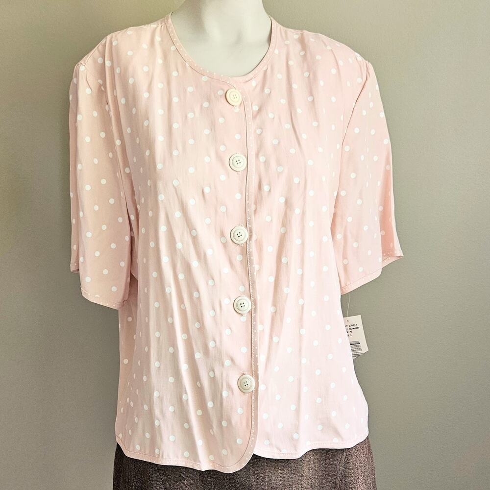 NWT Vintage USA Fritzi Blouse Womens L Polka Dot Pastel Pink Retro Button Career